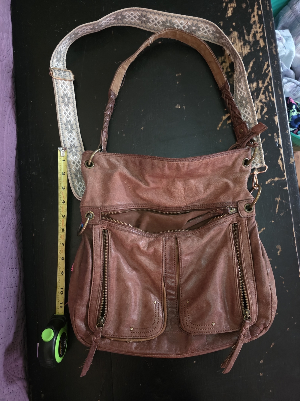 The Sak Brown Leather Shoulder Bag with Patterned Strap